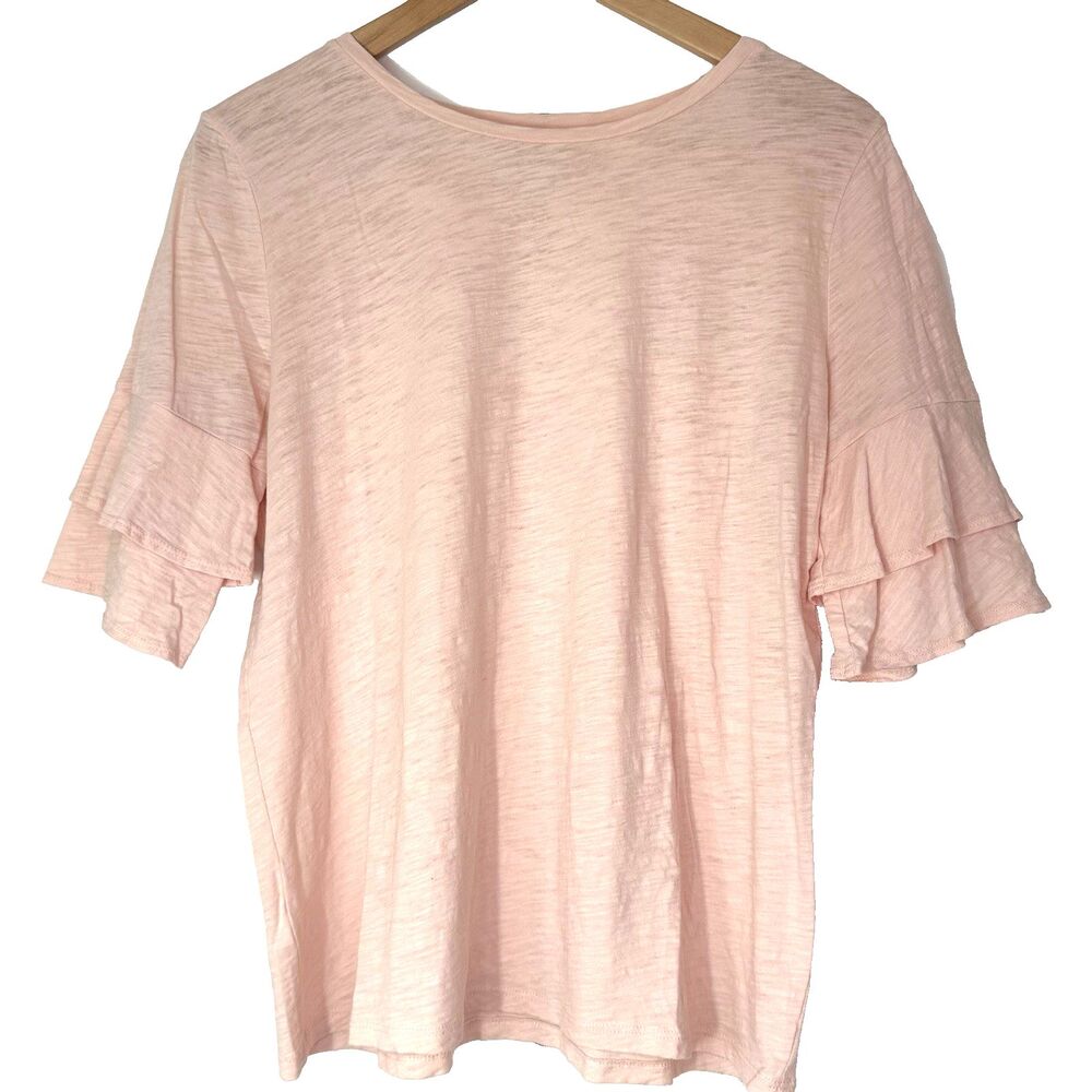 LOFT Vintage Soft Tee Shirt Pale Pink Ruffle Sleeve Scoop Neck Top Womens Medium